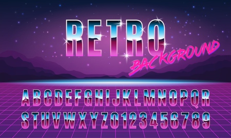 Background and font in style arcades the 80s. Music poster template. Vector illustration.のイラスト素材