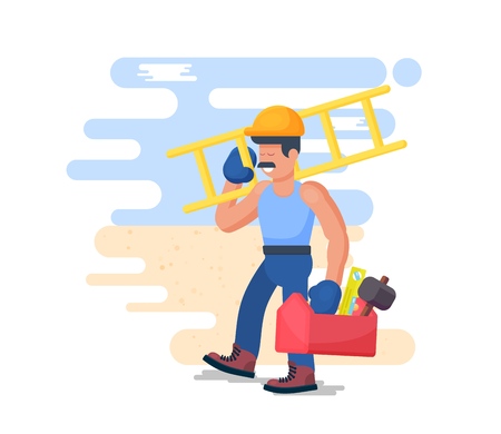 Cheerful builder, worker. Design concept on the topic of construction and repair. Vector illustration.のイラスト素材