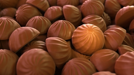 Background of chocolate sweets. Bunch of candies close up. Confectionery. 3D render.の写真素材