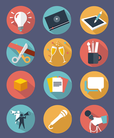 Modern flat icons vector collection with long shadow effect in stylish colors of web design objects, business, events, office and marketing itemsのイラスト素材
