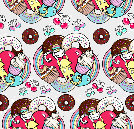 vector seamless pattern with cats and cupcakesのイラスト素材