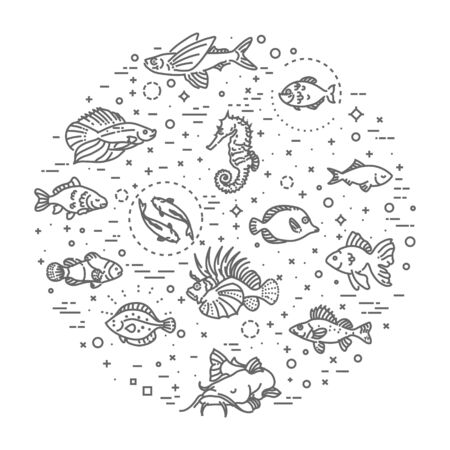 Set of  outline fish icons, aquariumのイラスト素材