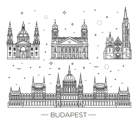 Hungarian travel landmark of historical buildings thin line icon set.のイラスト素材