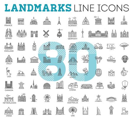 Simple linear Vector icon set representing global tourist landmarks and travel destinations for vacationsのイラスト素材