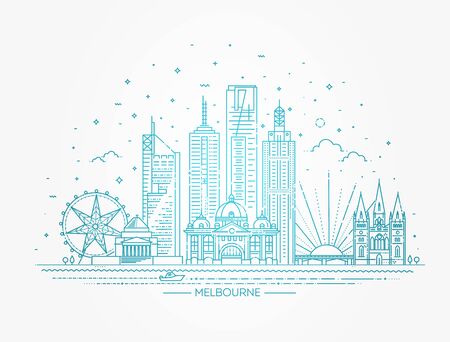 Melbourne Australia City Skyline. Line skyline illustrationのイラスト素材