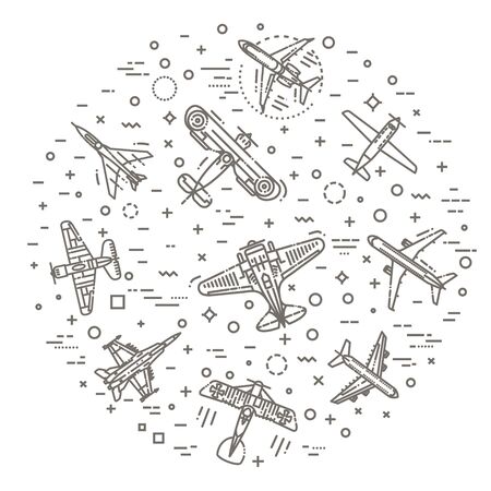 Modern types of planes. Large and small passenger aircraft. Air transport. Vector illustration in flat styleのイラスト素材