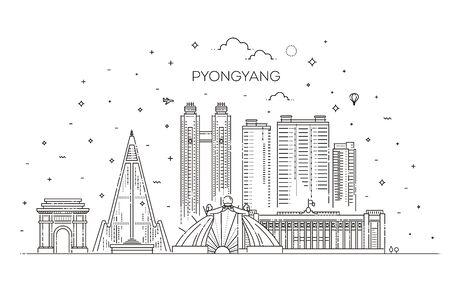 North Korea, Pyongyang linear cityscape with famous landmarks, city sights, vector landscape.のイラスト素材