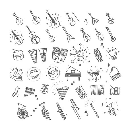 Vector line icons set. Collection of musical instruments iconsのイラスト素材