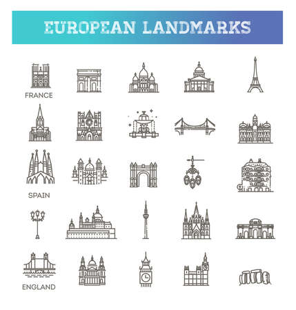 Flat line design style vector illustration icons set and logos of top tourist attractions, historical buildings, towersのイラスト素材