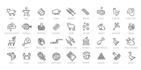 Meat, poultry, fish and eggs - minimal thin line web icon setのイラスト素材