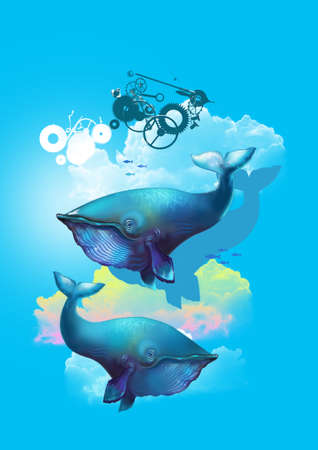 Whale diving into fantasy spaceの写真素材