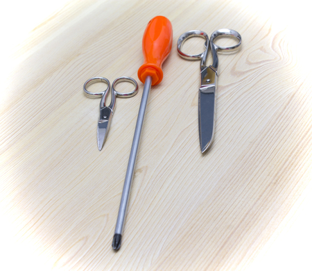 sewing accessories with wood backgroundの写真素材