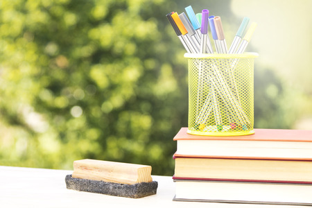 concept back to school accessories on green backgroundの写真素材