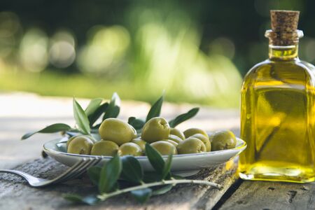 bowl of olives with green branchesの写真素材