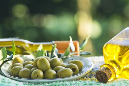 bowl of olives with green branchesの写真素材