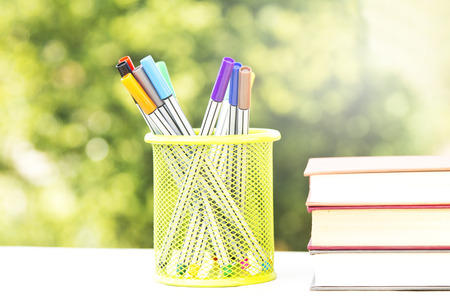 concept back to school accessories on green backgroundの写真素材