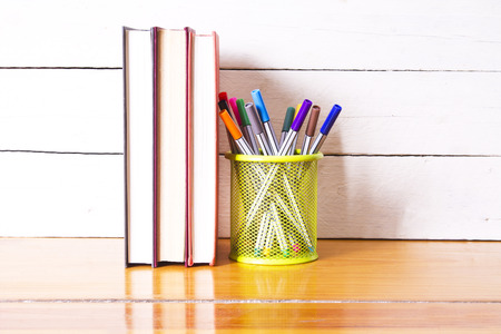 concept back to school accessories on wooden backgroundの写真素材