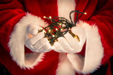 Santa Claus holding Christmas lights in his hands. greeting cardの写真素材