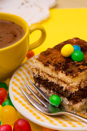 Tiramisu dish with cinnamon and candies on yellow backgroundの写真素材