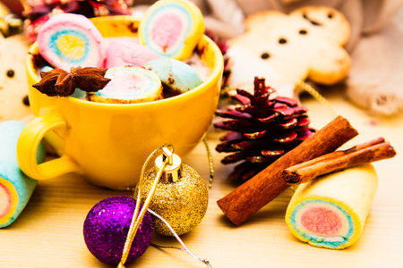 Christmas greeting with cup of hot chocolate with marshmallows and Christmas cookiesの写真素材