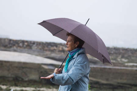 woman with umbrella walking in the rainの写真素材