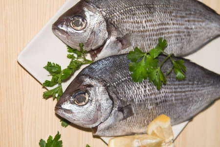 fresh bream or sea bream on the plate with parsleyの写真素材