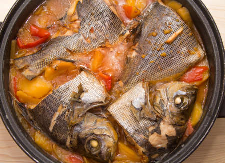 fish casserole with potatoes and peppersの写真素材