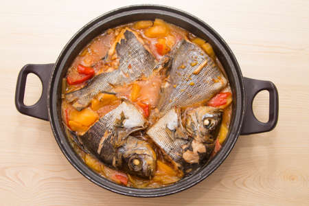 fish casserole with potatoes and peppersの写真素材