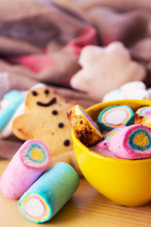 cup of chocolte with marshmallows and gingerbread man and gingerbread cookie on bokeh background. Christmas banner.の写真素材