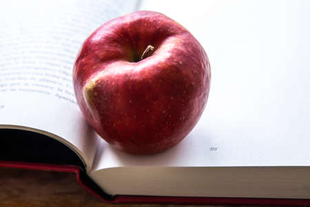 back to school concept. book with apple on the tableの写真素材