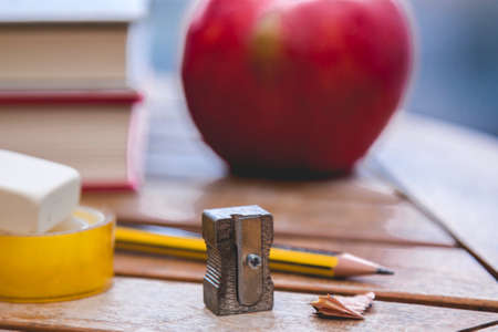 book with apple and school accessories. back to school conceptの写真素材