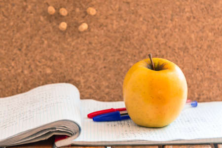 back to school concept with apple, cork and school supplies