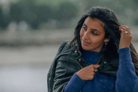 portrait of young latin woman in marinaの写真素材