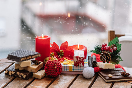 Christmas balls with candles in the background. merry christmas and happy new year conceptの写真素材