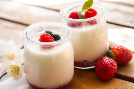 dairy dessert - yogurt with fresh strawberries in a glassの写真素材