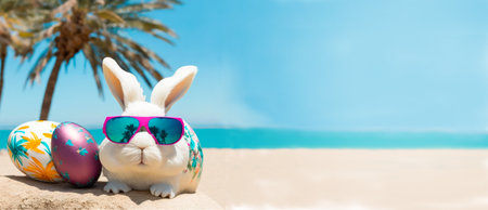 Easter Bunny with Easter eggs on the beach with copy space, generative aiの素材
