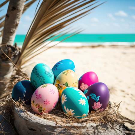 colorful painted easter eggs on beach, generative aiの素材