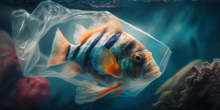 tropical fish swimming with plastic bag. Underwater animals damaged by garbage in the water. ecological catastrophe. Plastic pollution in the ocean. creative AIの素材