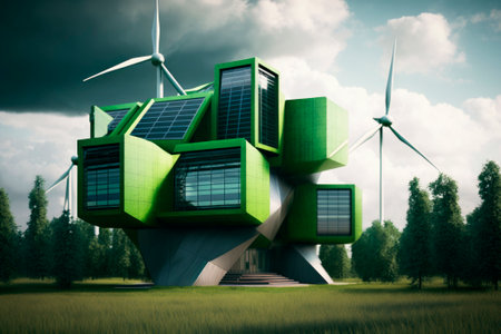 futuristic house with solar panels and wind turbines, renewable energy, generative aiの素材