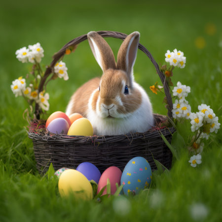 rabbit in the basket with colored easter eggs, generative aiの素材