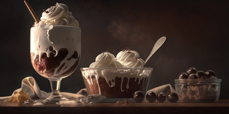 cups of chocolate ice cream and cream on wood, generative aiの素材