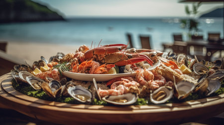 variety of seafood in luxury beach resort, generative aiの素材