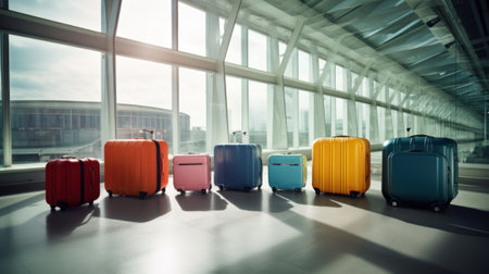 colored suitcases or baggage at the airport, vacation and holidays concept, generative aiの素材
