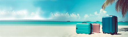 Colorful suitcase or luggage on paradise beach. 3D render of summer vacation concept and holidays, generative aiの素材