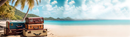 vintage suitcases or luggage on paradise beach with palm trees, generative aiの素材