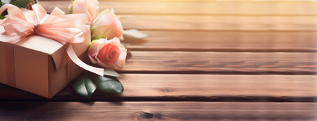gift box with bow and roses with copy space on wood, generative ai illustrationの素材