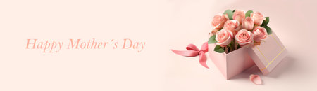 mother's day postcard with gift box with bow and roses on pink background, generative ai illustrationの素材