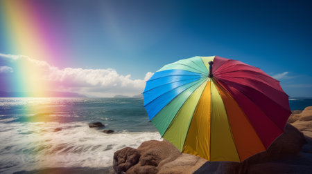 colored umbrella on the coast with rainbow, generative aiの素材