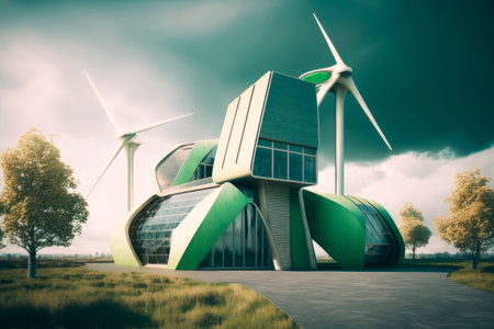 house with solar panels on the roof and wind turbines around, renewable energy, generative aiの素材