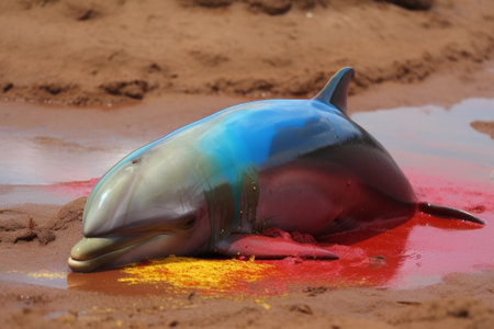 dolphin stranded on the beach with toxic waste and plastic, generative aiの素材